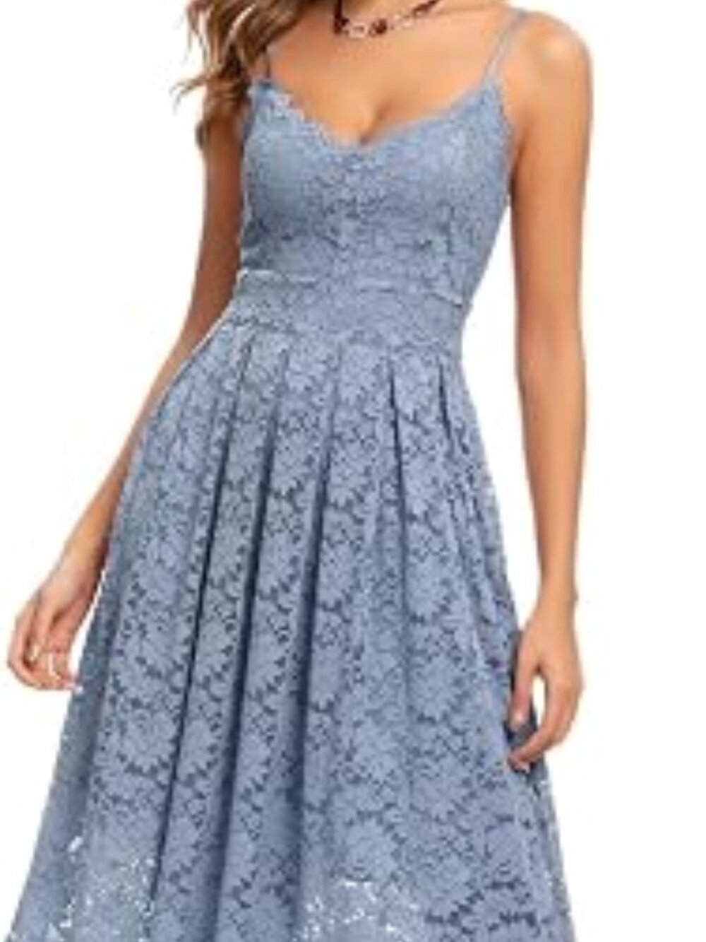 Womens Lt Blue Lined Spaghetti Strap V Neck Sleeveless A Line Lace Mini Dress-S